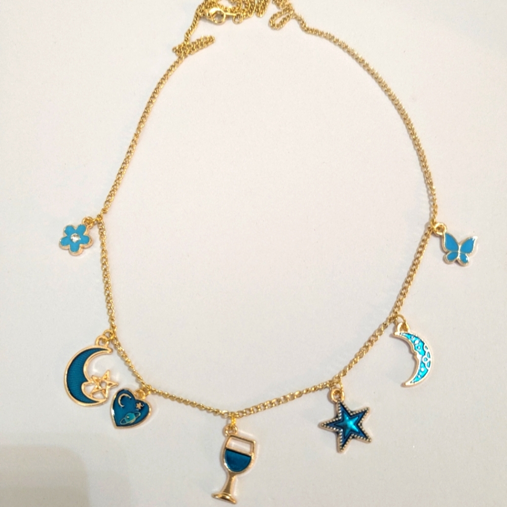 Gold Necklace with Blue Charms